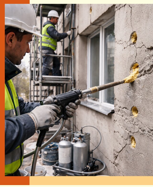 Заполнение пустот в фасаде и утепление стен в Белове